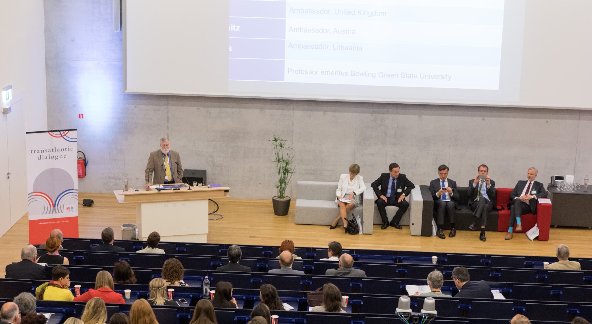 Transatlantic Dialogue panel discussion in a university auditorium